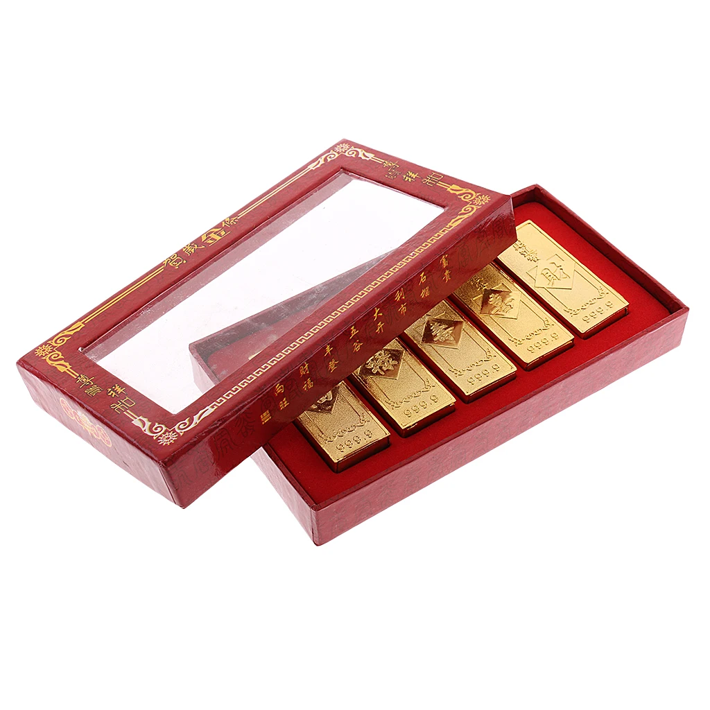

5pcs/set Chinese Feng Shui Lucky Fake Gold Bar with Box Metal Crafts Gift