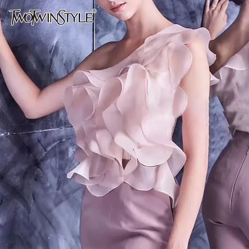 

TWOTWINSTYLE Casual Irregular Ruffles Shirt For Female Skew Collar Sleeveless Off Shoulder Ruffles Blouse Women Summer 2019 Tide