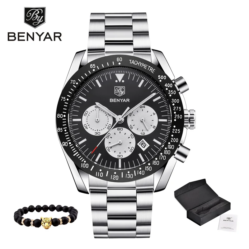 Новые мужские часы BENYAR Топ бренд класса люкс кварцевые часы для бизнеса мужские часы настенные часы хронограф водонепроницаемый Relogio Masculino - Цвет: Black
