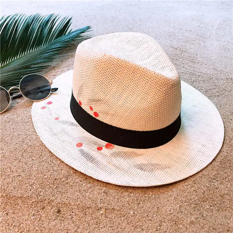 

Handmade Paint Sun Hat Fashion Women Summer Straw Beach Panama Sun Hat Elegant Lady Queen Homburg Jazz Hat