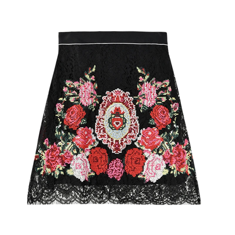 Летняя черная винтажная Цветочная розовая мини-юбка с вышивкой для женщин роскошная кружевная трапециевидная юбка с высокой талией Туника женская одежда для вечеринок