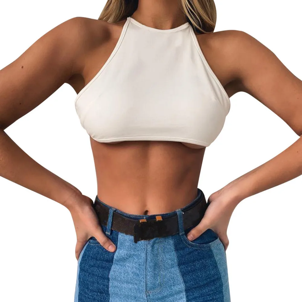 2019 womens tops and blouses summer solid color sleeveless wrap halter strap with sexy short crop top pretty blouses women 40J12 (2)