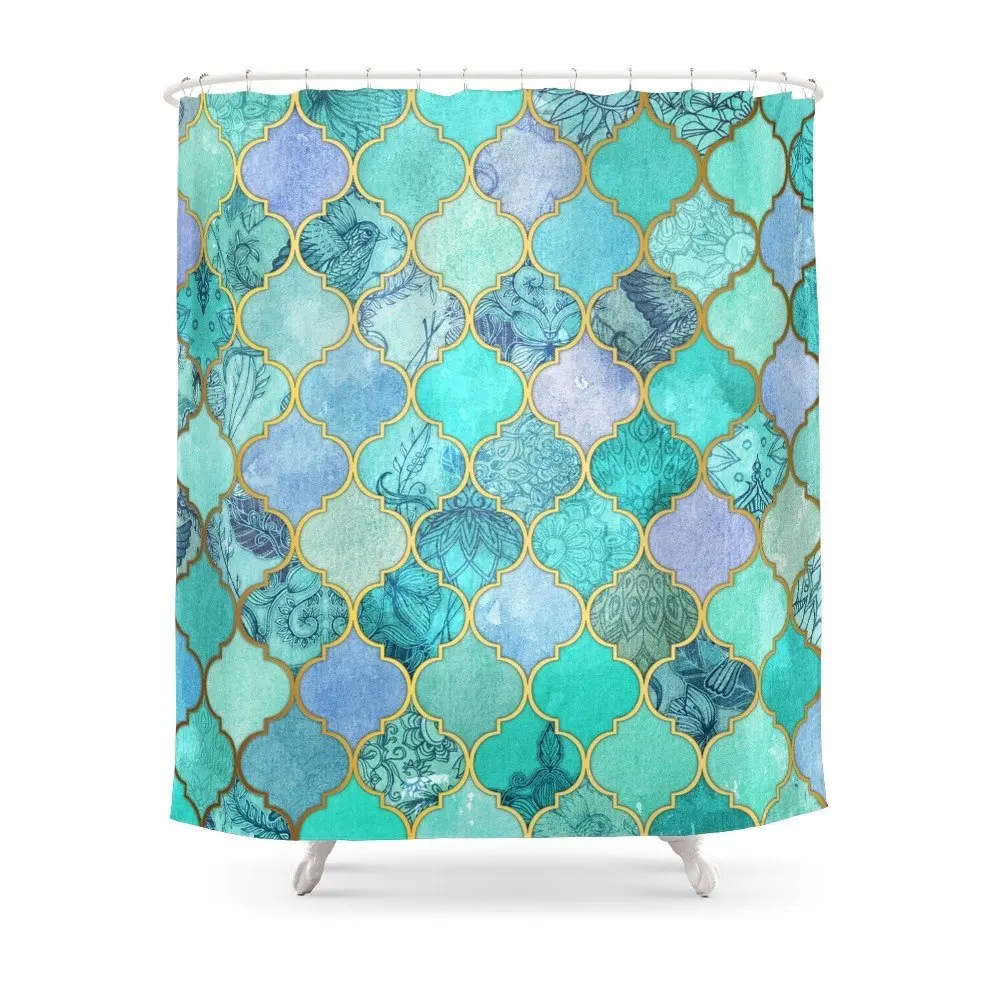 Cool Jade & Icy Mint Decorative Moroccan Tile Pattern Shower Curtain