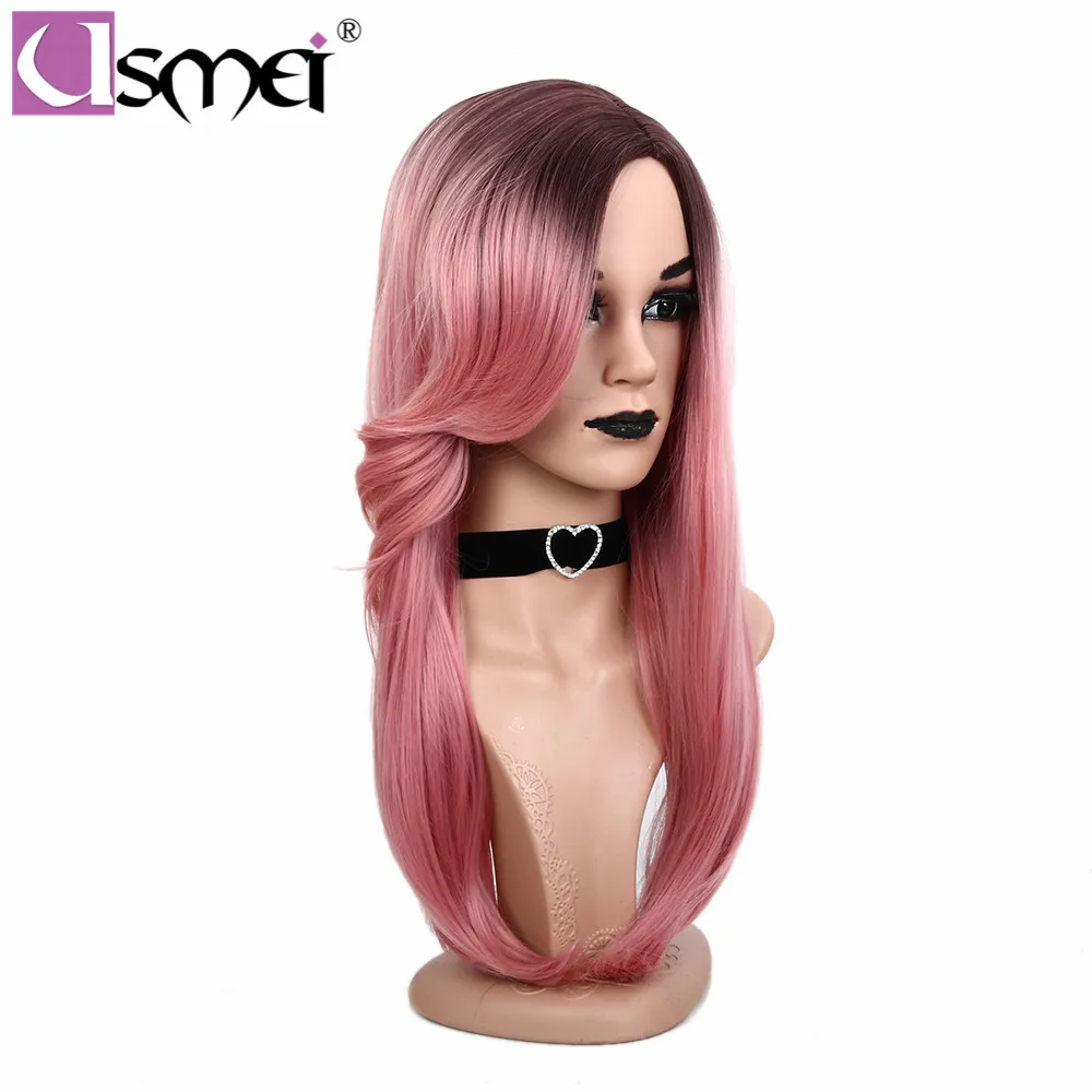 USMEI 22 дюйма длинный прямой розовый парик женский синтетический парик высокая температура волокно Омбре косплей парик для женщин корень черные волосы