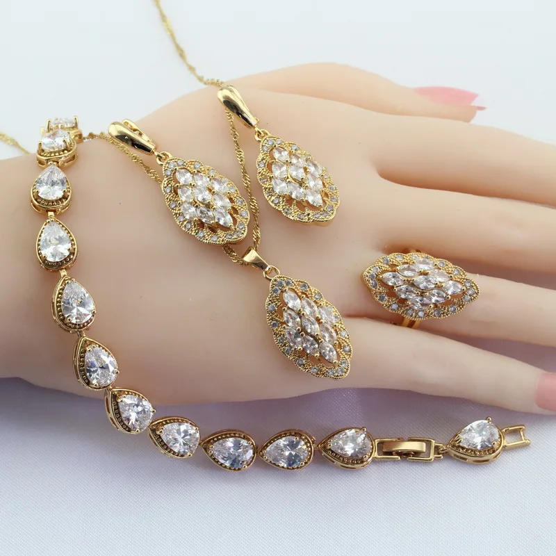 Изысканный белый кубический цирконий Золотой Цвет Ювелирные наборы для женщин браслет серьги ожерелье кулон кольца подарочная коробка WPAITKYS