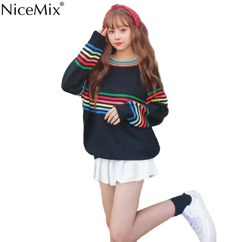 

NiceMix Spring Casual Stripe Sweater Women Harajuku Pullovers Autumn O-neck Jumpers Korean Streetwear Pull Hiver Femme 2019