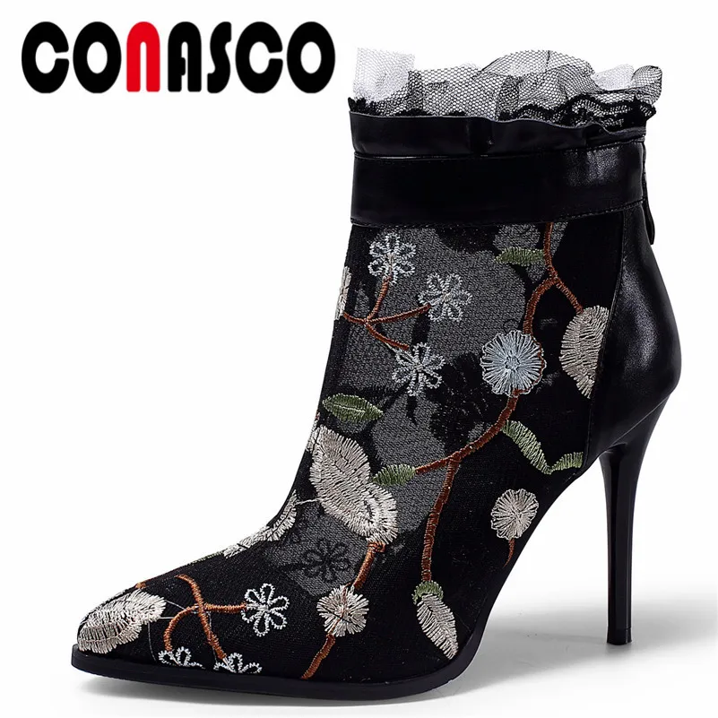 

CONASCO 2019 New Arrival Women Ankle Boots Spring Autumn High Heels Shoes Zipper Ruffles Sweet Ladies Quality Casual Shoes Woman