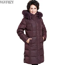 Модная куртка свободного размера плюс среднего возраста с белым утиным пухом, Длинная зимняя куртка для мамы, Воротник из лисьего меха, утолщенные теплые пуховые пальто