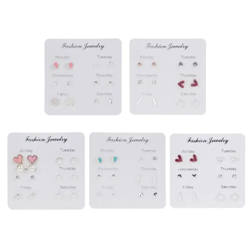 

6 Pairs Assorted Leaf Stars Heart Crystal Stud Earrings One Week Earrings Kit