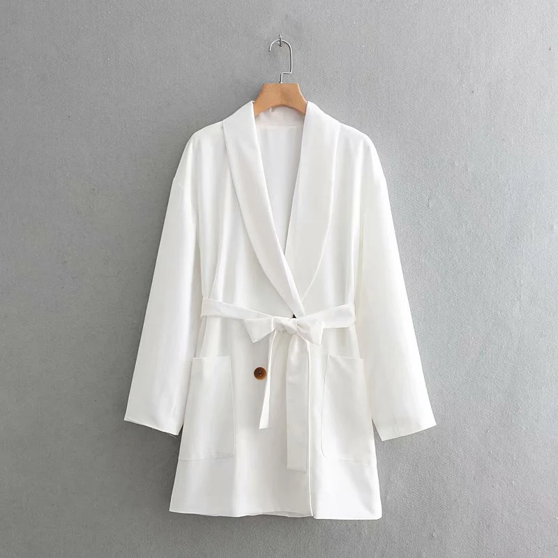 

Women Elegant Za White Spring Autumn Long Blazer 2019 New Fashion Female Adjustable Waist With Belt Double Breasted Long Jacket