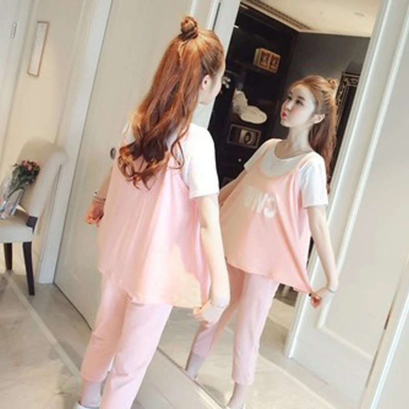

Pregnant Woman Suits New Printing Patchwork Maternity Clothes Short-Sleeved T-shirt Letter Sling + Seven Pants Three-piece