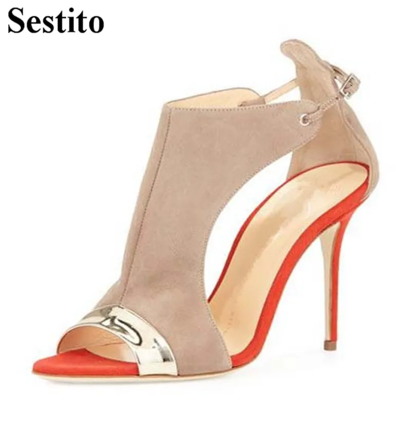 

Concise Mixed Colors Black Flock Casual Sandals Peep Toe Super High Thin Heels Women Sandals Buckle Strap Cover Heel Women Shoes