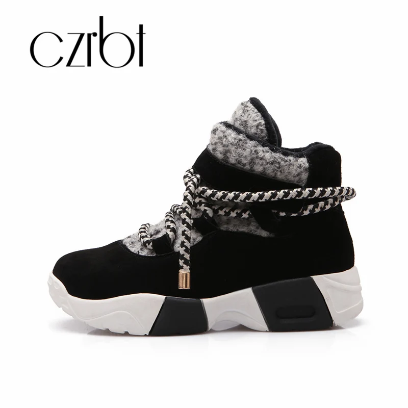 

czrbt 2018 Woman Casual Shoes Winter Lace-Up Punk Creeper Shoes Short Plush Warm New European Patchwork Platform Flat Shoes