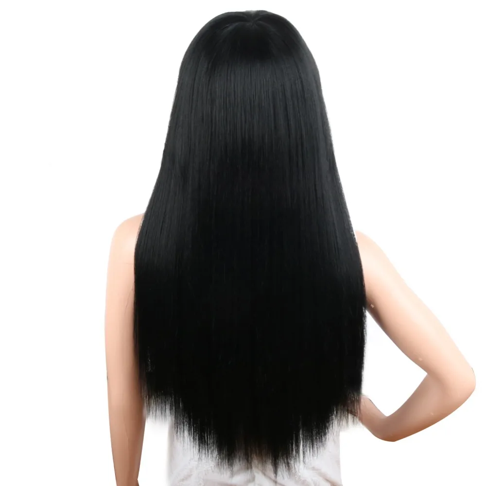 Deyngs Black Long Yaki Straight Side Wigs with Side Bangs Hairstyle Synthetic Wig for Woman Can Be Curled Wigs Heat Resistant 24Inch (3)