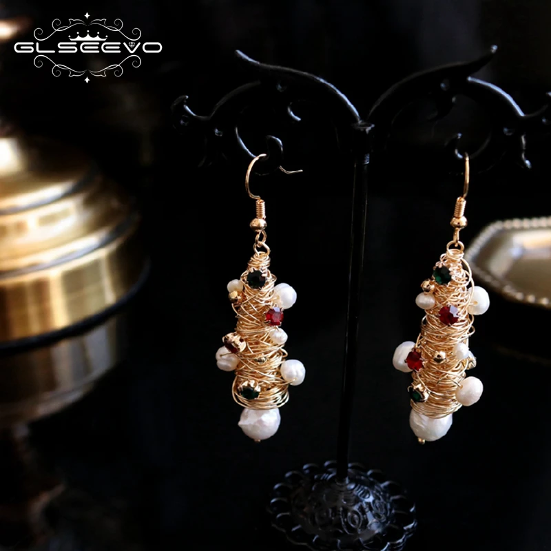 

GLSEEVO Natural Fresh Water Pearl Long Drop Earrings With Colorful Zircon Custom Dangle Earrings For Women Fine Jewelry GE0649