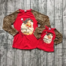 Рождественская футболка для маленьких девочек; сезон осень-зима; Изысканная футболка; детская одежда; семейный образ для мамы; хлопковые реглан с леопардовым принтом и Санта-Клаусом; Новинка