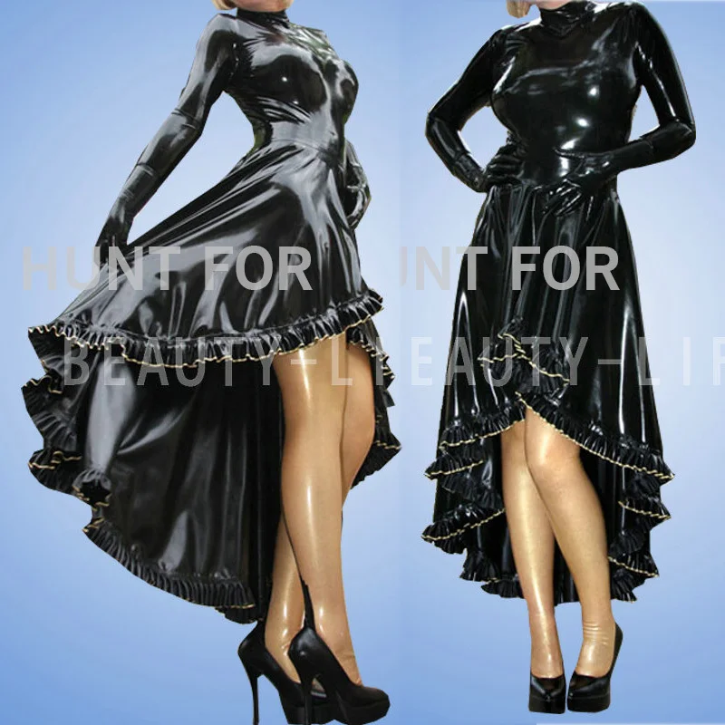 

Latex party dress 100% natural long sleeve w ruffle miti layer hemline