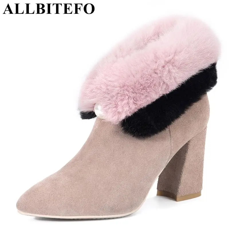 

ALLBITEFO genuine leather+real fur thick heel women boots fashion brand high heels ankle boots women winter boots girls shoes