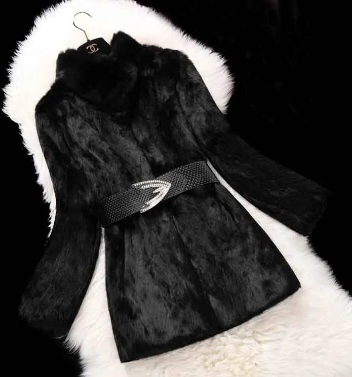 Настоящий Полный Пелт кроличий мех длинное пальто Женская Ручная работа кролик мех пальто женское модное пальто KFP706 - Цвет: Black