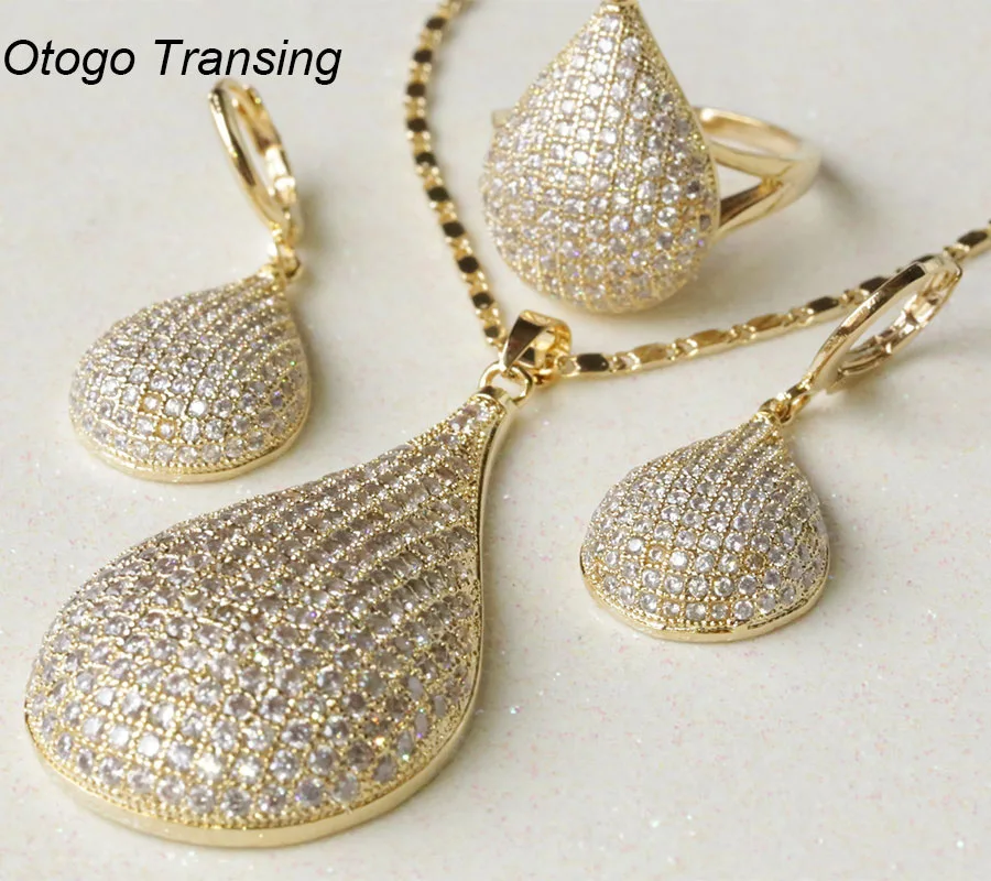 

Otogo Transing 2019 Luxurious nobility Jewelry Sets Gold Color White Zircon valentine gift Necklace Pendant/Earring/Rings S0175