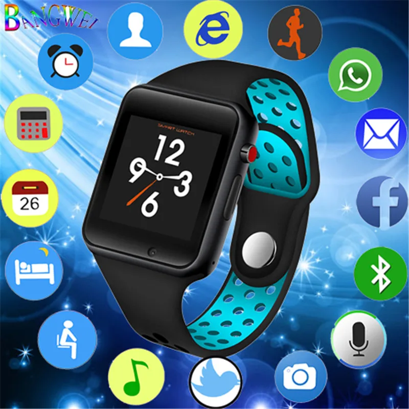 

BANGWEI 2018 new men's smart sports watch pedometer LED digital watch SIM card camera music player smart watch for Android + Box