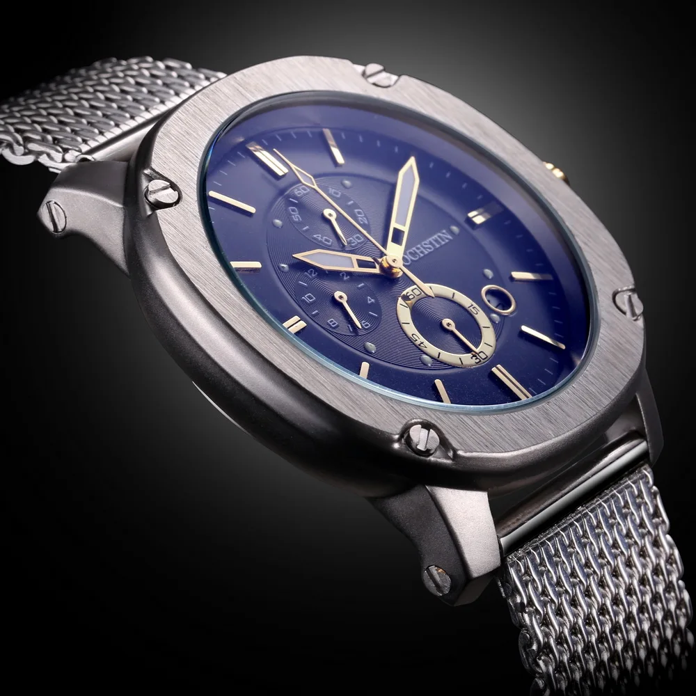 2016 NEW Brand Mesh Band Men Wrist Watch Silver Blue Dial Japan