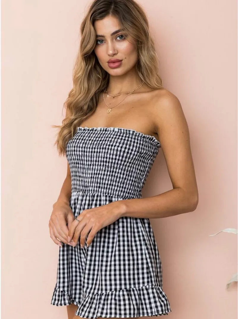 Лето 2019 Для женщин без бретелек Playsuit полосатый комбинезон оборками рукавами комбинезон спинки сексуальные целом повседневное пляжное