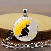 ייחודי שרשרת זכוכית קרושון כסף ברונזה שרשרת שרשרת צהוב מטרייה שחור חתול תמונה רטרו תליון שרשרת נשי(China)