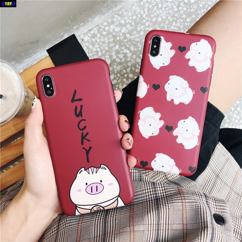 

Cyato Lucky Words Cute Pig Case For iPhone XS Max XR Case Claret IMD Full Protector case For Apple iPhone 6 6S 7 8 Plus X Funda