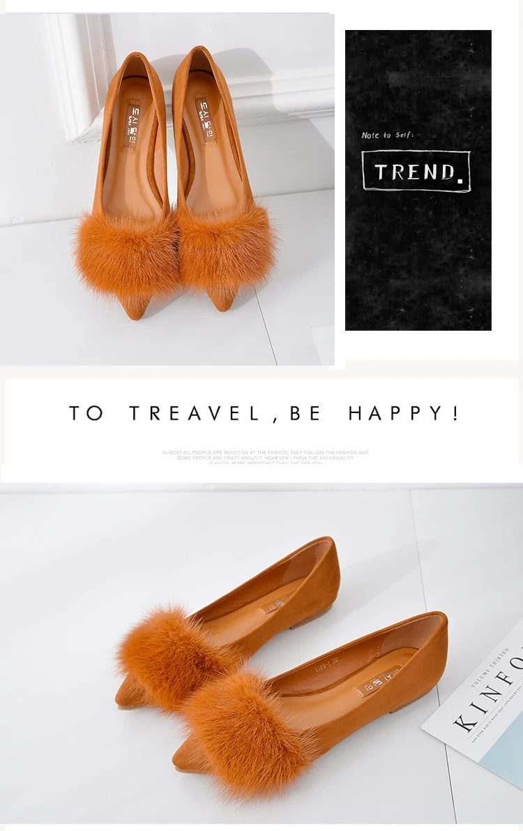 Luxury designer mink hair pointed toe creepers flats shoes high quality flock ballet flats women cozy moccasins big size 34-41