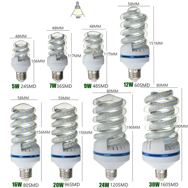 1 шт. спиральный светодиодный светильник, 3 Вт-30 Вт AC 85-265 в, E27 E26 база, для фото светильник, склад, гараж светильник, сарай, патио