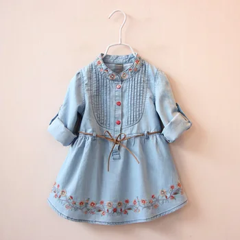 

2021 Spring Autumn 3-12 Ages Kids Embroidery Flower Long And Short Sleeve Double Use Denim Blue Elegant Dress For Girl With Belt