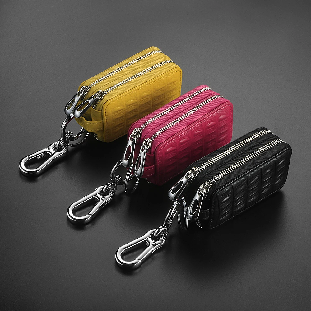 

Genuine Leather Car Key Bag Holder Case Double Layer Housekeeper Holders Grain Transparent Window for VW Polo Passat B5 B6 Golf