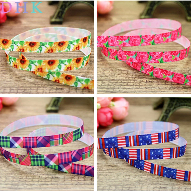 

DHK 3/8'' 5yards flowers rose cherry printed grosgrain ribbon Accessory hairbow headwear DIY decoration OEM 9mm C1339