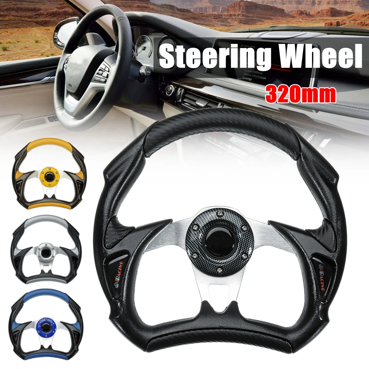 

320mm / 13" Racing Drift Steering Wheel PVC Carbon Fiber Deep Dish Universal Sport F1 JDM PU Leather+Black