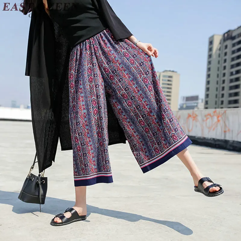 Женские брюки длиной до щиколотки Модные Винтажные женские летние брюки с цветочным принтом широкие брюки Бохо с высокой талией NN0504 YQ - Цвет: 2
