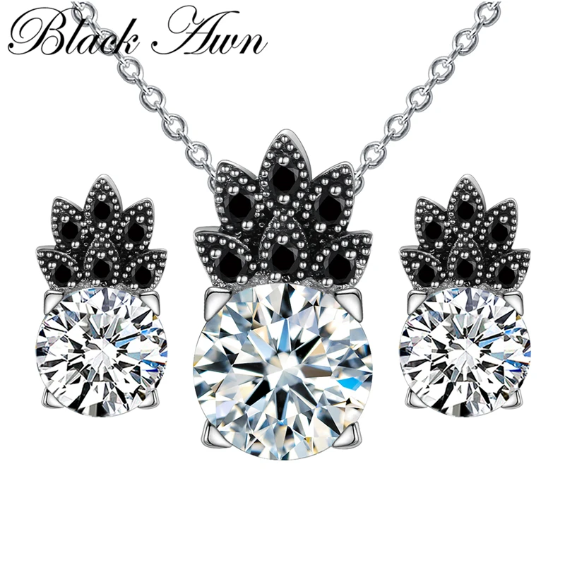 

[BLACK AWN] 925 Sterling Silver Jewelry Sets Black Spinel Pineapple Wedding Women's Flower Necklace Pendant Earrings Set Z020