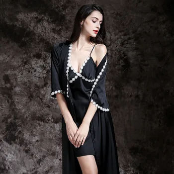 

womens satin silk pajamas set couple sleepwear 2019 spring summer plus size Nightgown robe 2 piece sexy Home suit household