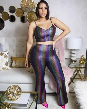 

European and American rainbow print v-neck zippered pants with slim waistband H9517 two pieces vest with long pant sexy dress
