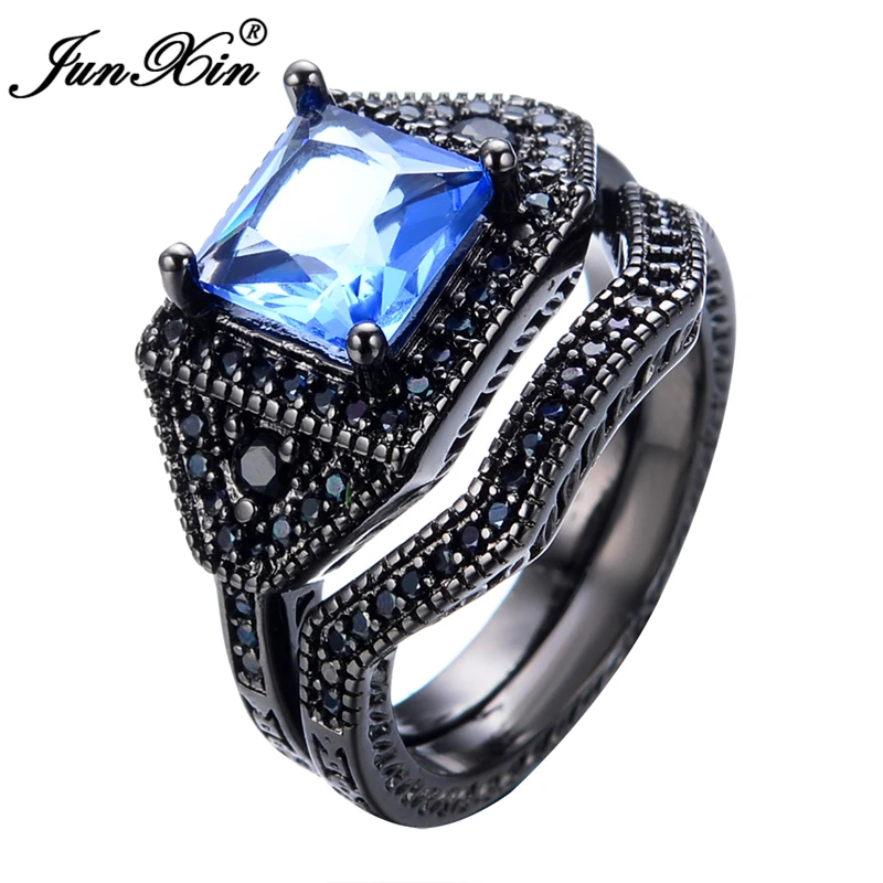 junxin crystal light blue ring sets for wedding black gold filled jewelry brand fashion men women - Blue Wedding Ring Set junxin crystal light blue ring sets for wedding black gold filled jewelry brand fashion men women - Blue Wedding Ring Set