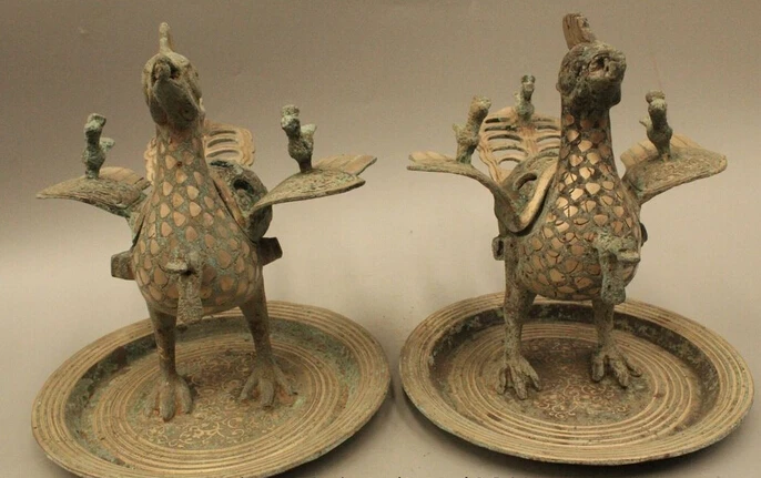 

wholesale factory 9" Ancient China Dynasty Palace Bronze Silver Phoenix Bird Statue Sculpture Zun
