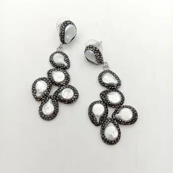 

White Coin Pearl Black Crystal pave Earrings