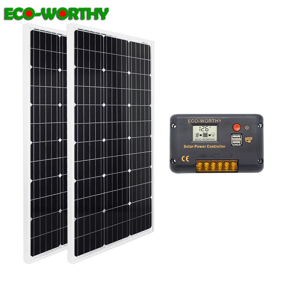 

ECOworthy 200W mono Solar system 2pcs 100w 18V monocrystalline panels with 20A solar charge controller for 12V battery charger