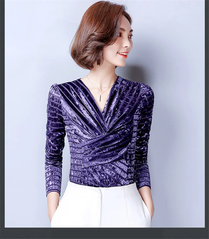 M-5XL размера плюс бархатные рубашки женские винтажные с длинным рукавом v-образным вырезом тонкие бархатные блузки женские топы Осень Зима велюровая рубашка блуза