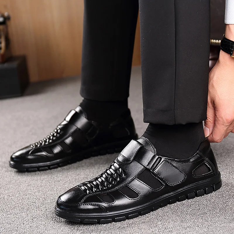 Для мужчин сандалии из натуральной кожи с черная обувь для Для мужчин швейная молния удобные прогулочные сандалии человек Zapatos De Hombre