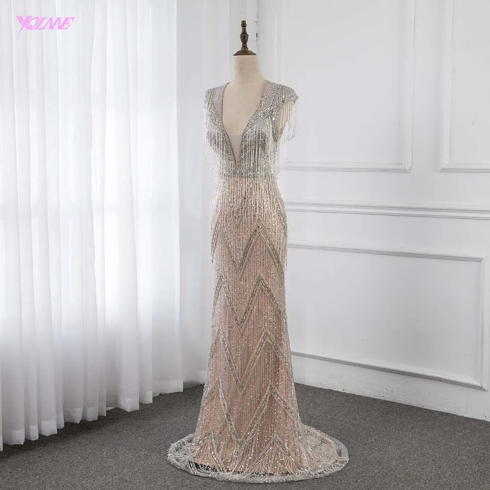 YQLNNE Luxury Robe De Soiree 2019 Silver Rhinestones Evening Dresses Long Deep V Neck Pendant Mermaid Formal Evening Gown YQLNNE Luxury Robe De Soiree 2019 Silver Rhinestones Evening Dresses Long Deep V Neck Pendant Mermaid Formal Evening Gown