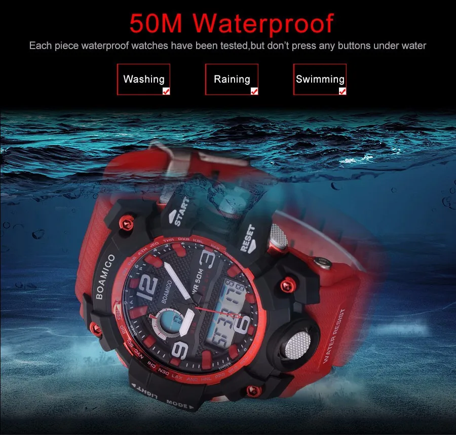 BOAMIGO Luxury Men's Watch LED  Analog Digital Plastic Military Watches Sport Quartz Wristwatches Dual Display Red Rubber Strap (5)