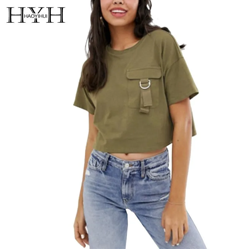

HYH Haoyihui Fashion Simple Motion Leisure Wind Summer New Style Tops Practical Pocket Short Paragraph Round Neck Female T-shirt