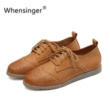 Whensinger 2016 Women Flats Genuine Leather Polka Dot Cut-Outs Design Round Toe 2 Colors Lace-Up for Spring Autumn D1610