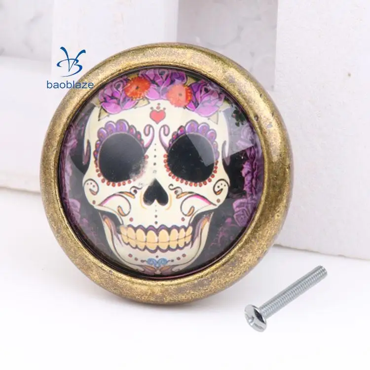 2pcs Vintage Brass Door Cabinet Cupboard Knobs Round Pull Handle Drawer Furniture Hardware - Skull